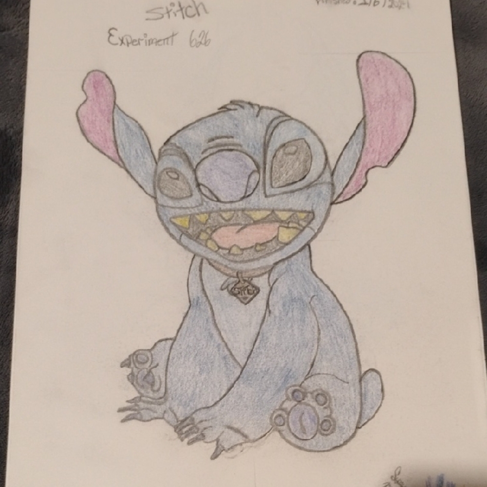 Stitch Drawing with Pink and Blue Accents